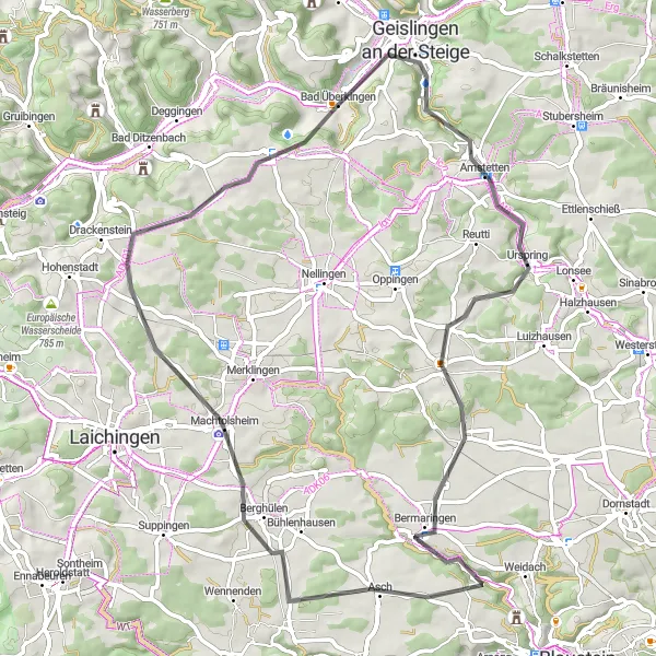 Karten-Miniaturansicht der Radinspiration "Radtour durch Geislingen und die Autalwasserfälle" in Stuttgart, Germany. Erstellt vom Tarmacs.app-Routenplaner für Radtouren