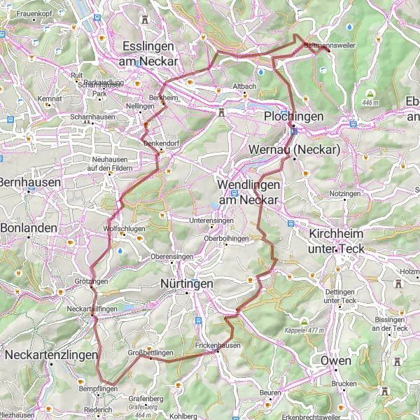 Map miniature of "Wendlingen am Neckar Gravel Route" cycling inspiration in Stuttgart, Germany. Generated by Tarmacs.app cycling route planner