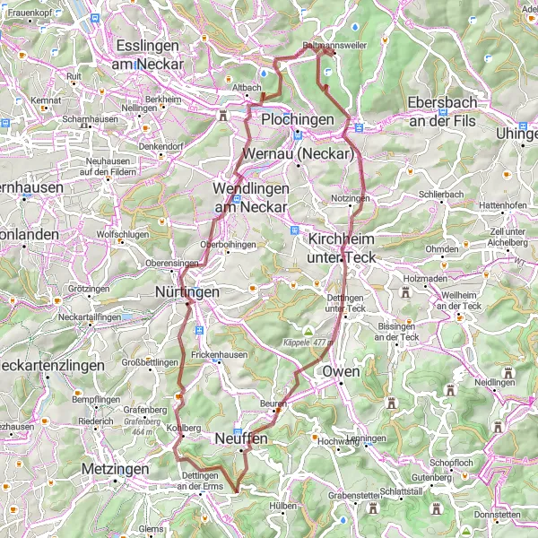 Map miniature of "Reichenbach an der Fils Gravel Route" cycling inspiration in Stuttgart, Germany. Generated by Tarmacs.app cycling route planner