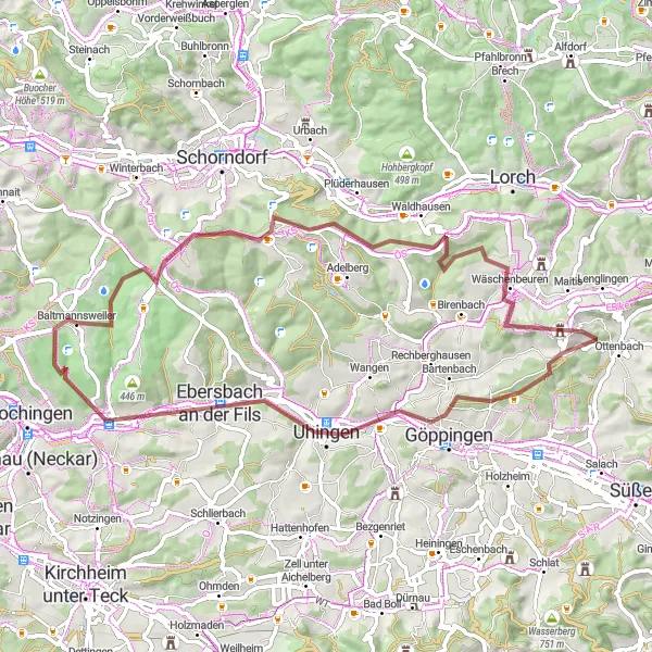 Map miniature of "Gravel Adventure through the Schurwald Forest" cycling inspiration in Stuttgart, Germany. Generated by Tarmacs.app cycling route planner