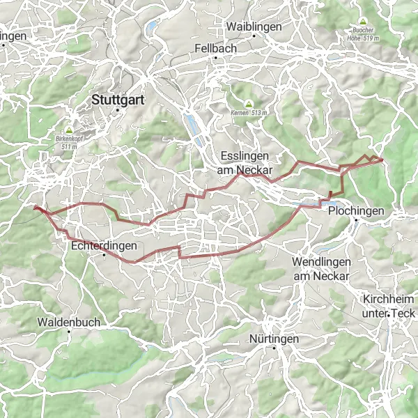 Karten-Miniaturansicht der Radinspiration "Graveltour entlang des Neckars" in Stuttgart, Germany. Erstellt vom Tarmacs.app-Routenplaner für Radtouren
