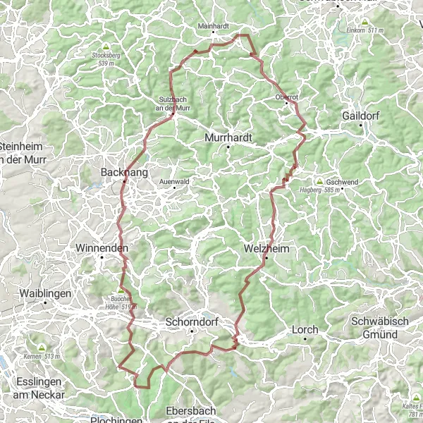 Map miniature of "Buoch and Buocher Höhe Extended Gravel Route" cycling inspiration in Stuttgart, Germany. Generated by Tarmacs.app cycling route planner