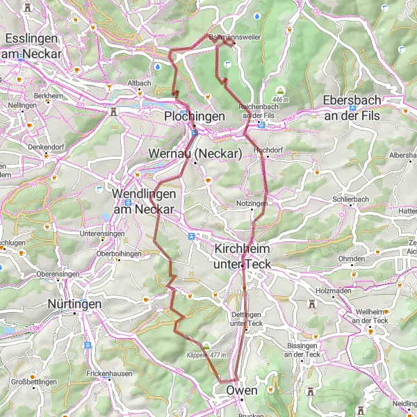Map miniature of "Around Reichenbach an der Fils" cycling inspiration in Stuttgart, Germany. Generated by Tarmacs.app cycling route planner