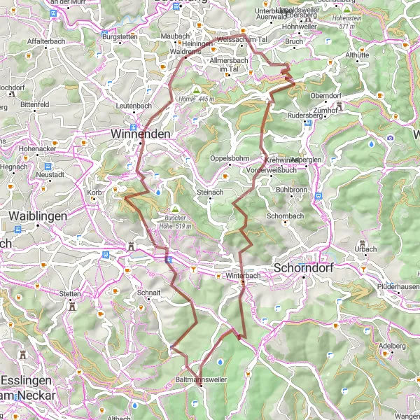 Map miniature of "Adventure in the Backnang District" cycling inspiration in Stuttgart, Germany. Generated by Tarmacs.app cycling route planner