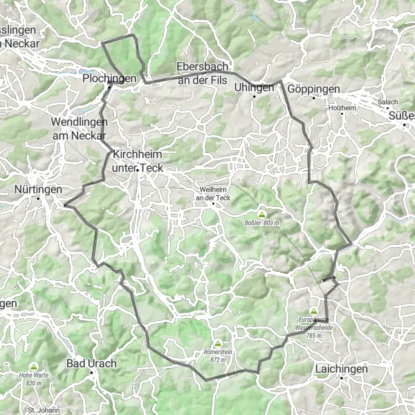 Map miniature of "Exploring the Up-and-Downs of Swabian Alps" cycling inspiration in Stuttgart, Germany. Generated by Tarmacs.app cycling route planner