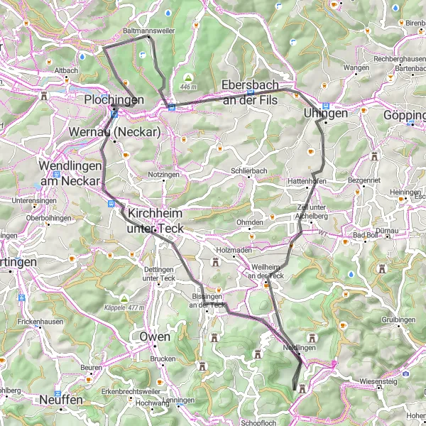 Map miniature of "Highlights of the Fils Valley" cycling inspiration in Stuttgart, Germany. Generated by Tarmacs.app cycling route planner