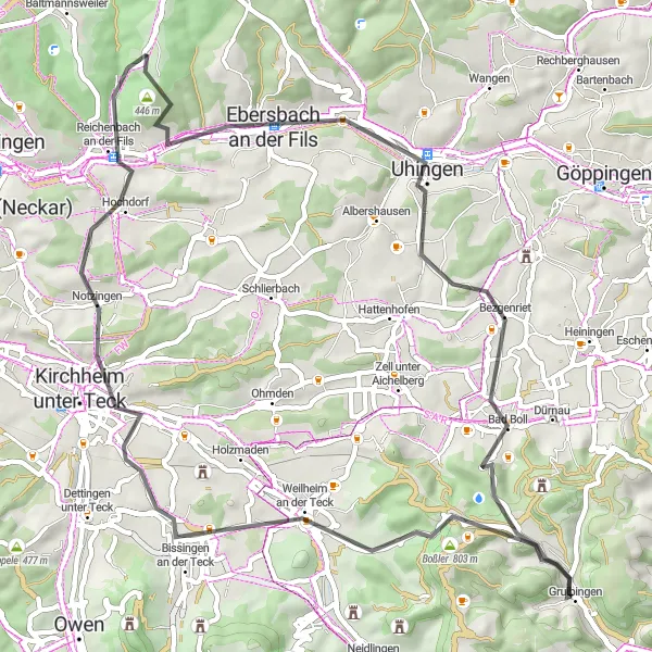Map miniature of "Uhingen to Reichenbach an der Fils Road Route" cycling inspiration in Stuttgart, Germany. Generated by Tarmacs.app cycling route planner