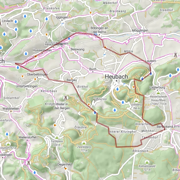 Map miniature of "Scenic Gravel Route near Bartholomä" cycling inspiration in Stuttgart, Germany. Generated by Tarmacs.app cycling route planner