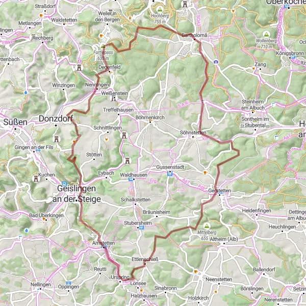 Map miniature of "Gravel Adventure in Swabian Alb" cycling inspiration in Stuttgart, Germany. Generated by Tarmacs.app cycling route planner