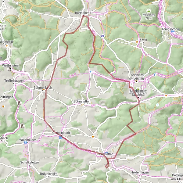 Karten-Miniaturansicht der Radinspiration "Gravel-Abenteuer nach Gerstetten" in Stuttgart, Germany. Erstellt vom Tarmacs.app-Routenplaner für Radtouren