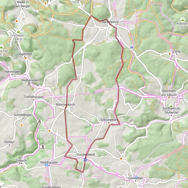 Map miniature of "Gravel Ride through Greenery" cycling inspiration in Stuttgart, Germany. Generated by Tarmacs.app cycling route planner
