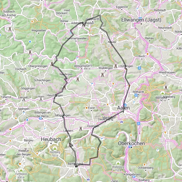 Karten-Miniaturansicht der Radinspiration "Road-Tour nach Aalen" in Stuttgart, Germany. Erstellt vom Tarmacs.app-Routenplaner für Radtouren