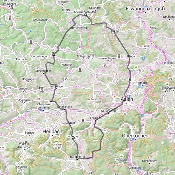 Map miniature of "Albach Road Adventure" cycling inspiration in Stuttgart, Germany. Generated by Tarmacs.app cycling route planner