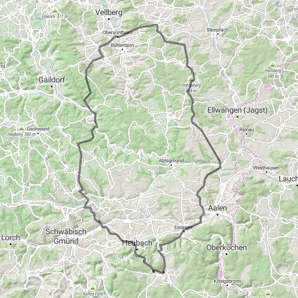 Map miniature of "Road Cycling Adventure in Backnang" cycling inspiration in Stuttgart, Germany. Generated by Tarmacs.app cycling route planner