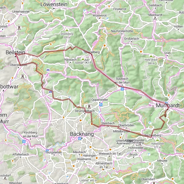 Map miniature of "Hills and Valleys" cycling inspiration in Stuttgart, Germany. Generated by Tarmacs.app cycling route planner
