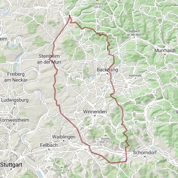 Map miniature of "Gronau Gravel Adventure" cycling inspiration in Stuttgart, Germany. Generated by Tarmacs.app cycling route planner
