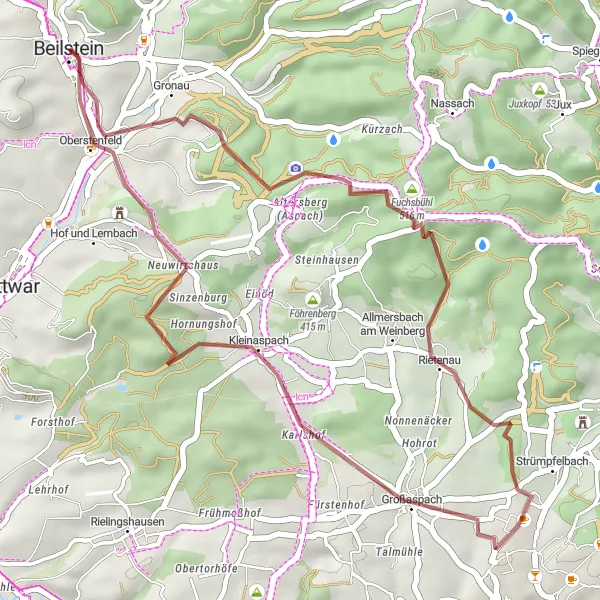 Map miniature of "Gravel Adventure Beilstein Loop" cycling inspiration in Stuttgart, Germany. Generated by Tarmacs.app cycling route planner