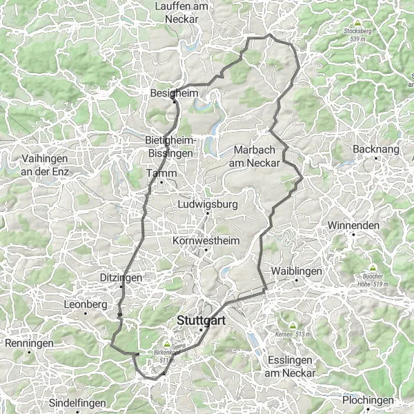 Map miniature of "Hills and History" cycling inspiration in Stuttgart, Germany. Generated by Tarmacs.app cycling route planner