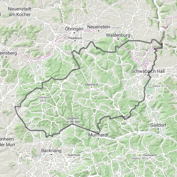 Map miniature of "Hills and Heritage" cycling inspiration in Stuttgart, Germany. Generated by Tarmacs.app cycling route planner