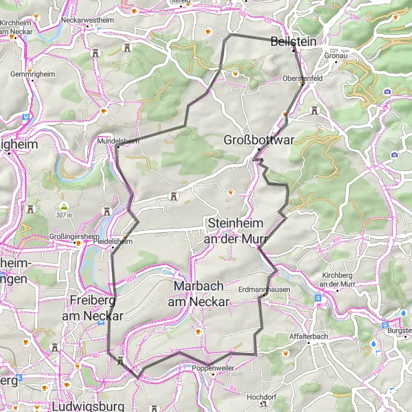 Karten-Miniaturansicht der Radinspiration "Rasante Straßentour rund um Großbottwar" in Stuttgart, Germany. Erstellt vom Tarmacs.app-Routenplaner für Radtouren