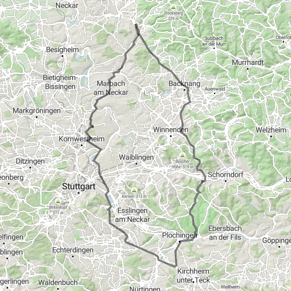Map miniature of "Valley Odyssey" cycling inspiration in Stuttgart, Germany. Generated by Tarmacs.app cycling route planner