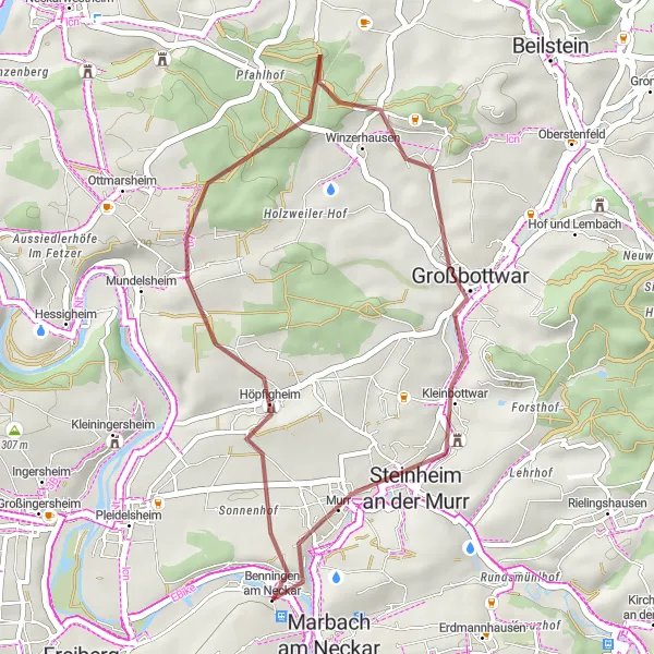 Karten-Miniaturansicht der Radinspiration "Gravelabenteuer durch die Natur: Benningen nach Murr" in Stuttgart, Germany. Erstellt vom Tarmacs.app-Routenplaner für Radtouren