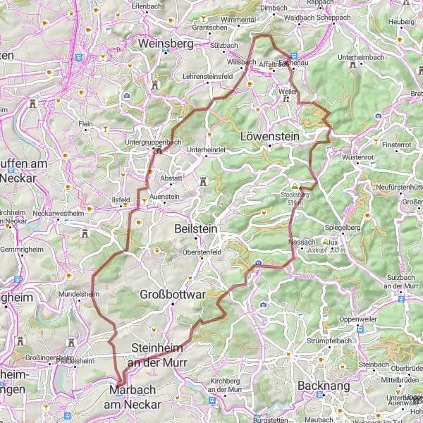 Map miniature of "Gravel Adventure in Neckar Valley" cycling inspiration in Stuttgart, Germany. Generated by Tarmacs.app cycling route planner
