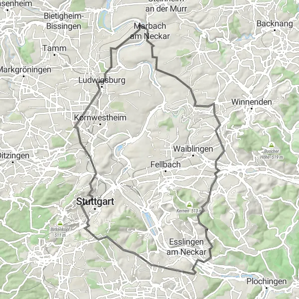 Map miniature of "Neckar Valley Epic Loop" cycling inspiration in Stuttgart, Germany. Generated by Tarmacs.app cycling route planner