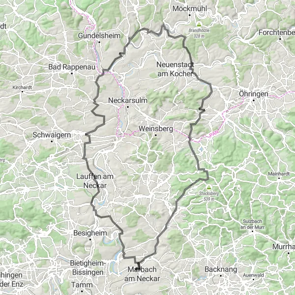 Map miniature of "Benningen am Neckar Loop" cycling inspiration in Stuttgart, Germany. Generated by Tarmacs.app cycling route planner