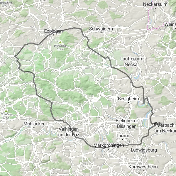 Karten-Miniaturansicht der Radinspiration "Abenteuerliche Tour durch das Neckartal: Asperg nach Pleidelsheim" in Stuttgart, Germany. Erstellt vom Tarmacs.app-Routenplaner für Radtouren