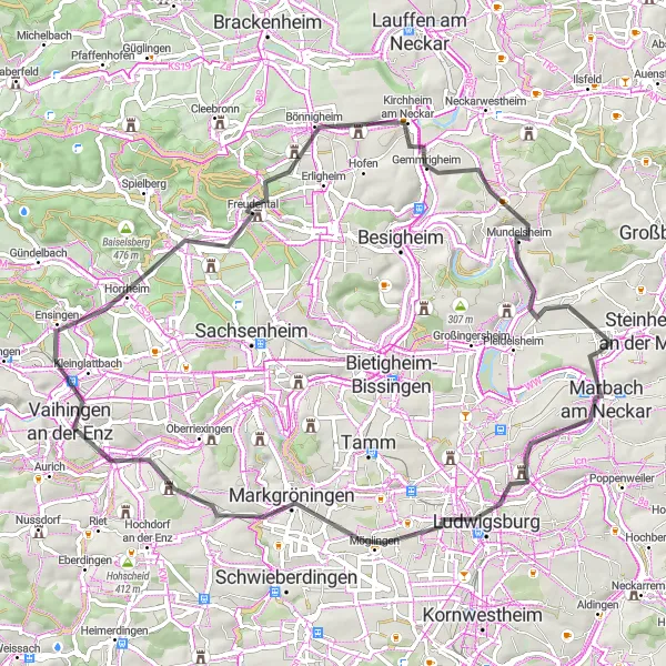 Map miniature of "Historic Towns and Rivers" cycling inspiration in Stuttgart, Germany. Generated by Tarmacs.app cycling route planner