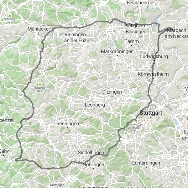 Map miniature of "Benningen am Neckar Round Trip" cycling inspiration in Stuttgart, Germany. Generated by Tarmacs.app cycling route planner