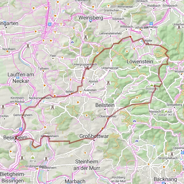 Karten-Miniaturansicht der Radinspiration "Weinberge und Schlösser Gravel Tour" in Stuttgart, Germany. Erstellt vom Tarmacs.app-Routenplaner für Radtouren