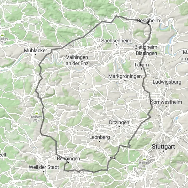 Karten-Miniaturansicht der Radinspiration "Schlösser und Natur Road Tour" in Stuttgart, Germany. Erstellt vom Tarmacs.app-Routenplaner für Radtouren