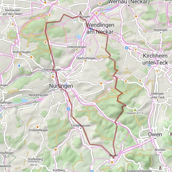 Map miniature of "Gravel Adventure in Köngen" cycling inspiration in Stuttgart, Germany. Generated by Tarmacs.app cycling route planner