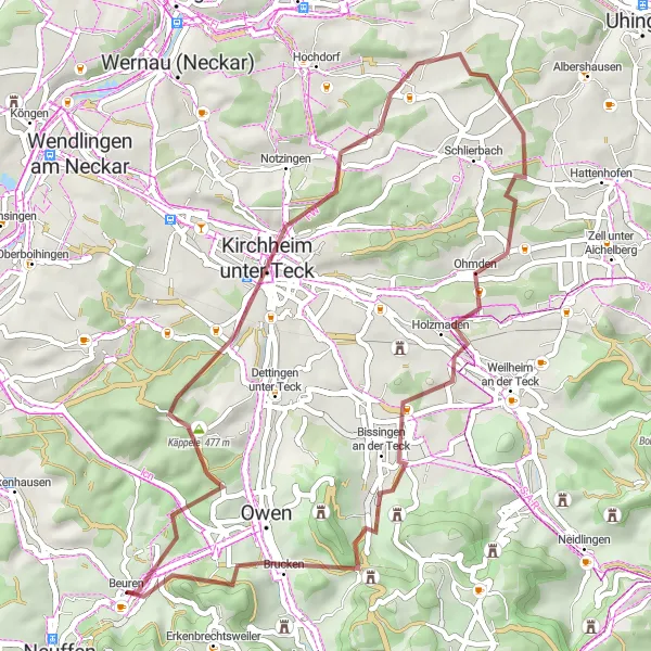 Map miniature of "Beuren Gravel Adventure" cycling inspiration in Stuttgart, Germany. Generated by Tarmacs.app cycling route planner