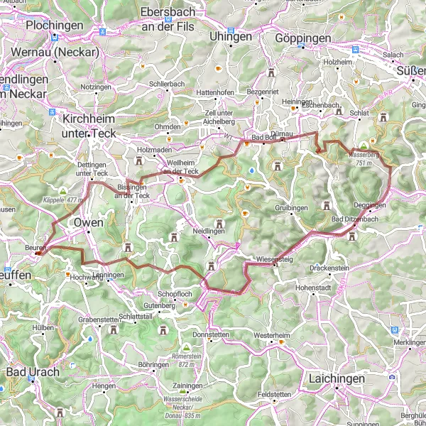 Map miniature of "The Gravel Odyssey of Dettingen" cycling inspiration in Stuttgart, Germany. Generated by Tarmacs.app cycling route planner