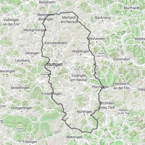 Karten-Miniaturansicht der Radinspiration "Panorama-Radtour Neuffen-Möhringen" in Stuttgart, Germany. Erstellt vom Tarmacs.app-Routenplaner für Radtouren