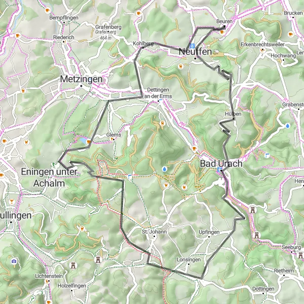 Map miniature of "Exploring the Swabian Jura" cycling inspiration in Stuttgart, Germany. Generated by Tarmacs.app cycling route planner