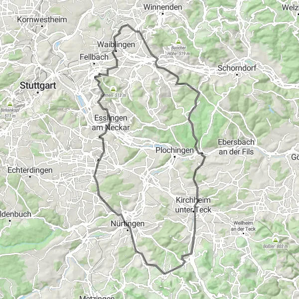 Karten-Miniaturansicht der Radinspiration "Höhenrausch rund um Stuttgart" in Stuttgart, Germany. Erstellt vom Tarmacs.app-Routenplaner für Radtouren