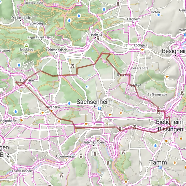 Karten-Miniaturansicht der Radinspiration "Sersheim und Horrheim Gravel Tour" in Stuttgart, Germany. Erstellt vom Tarmacs.app-Routenplaner für Radtouren