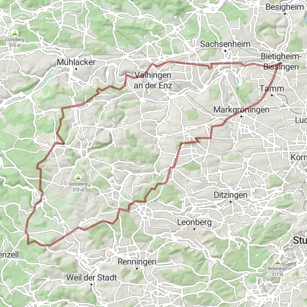 Map miniature of "Ultimate Gravel Adventure from Bietigheim-Bissingen to Roßwag" cycling inspiration in Stuttgart, Germany. Generated by Tarmacs.app cycling route planner