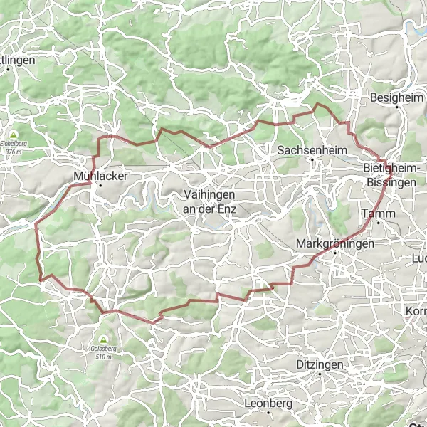 Map miniature of "Gravel Adventure in the Beautiful Countryside near Bietigheim-Bissingen" cycling inspiration in Stuttgart, Germany. Generated by Tarmacs.app cycling route planner