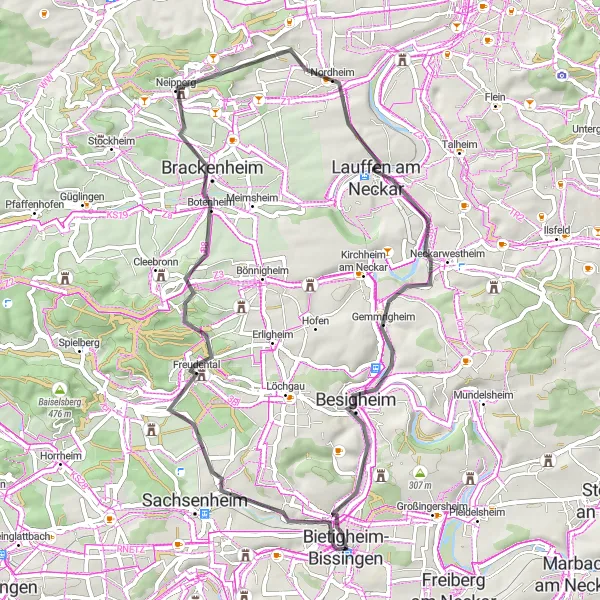 Karten-Miniaturansicht der Radinspiration "Brackenheim und Nordheim Road Tour" in Stuttgart, Germany. Erstellt vom Tarmacs.app-Routenplaner für Radtouren
