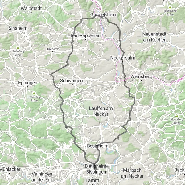 Map miniature of "Waterfalls and Vineyards Route" cycling inspiration in Stuttgart, Germany. Generated by Tarmacs.app cycling route planner