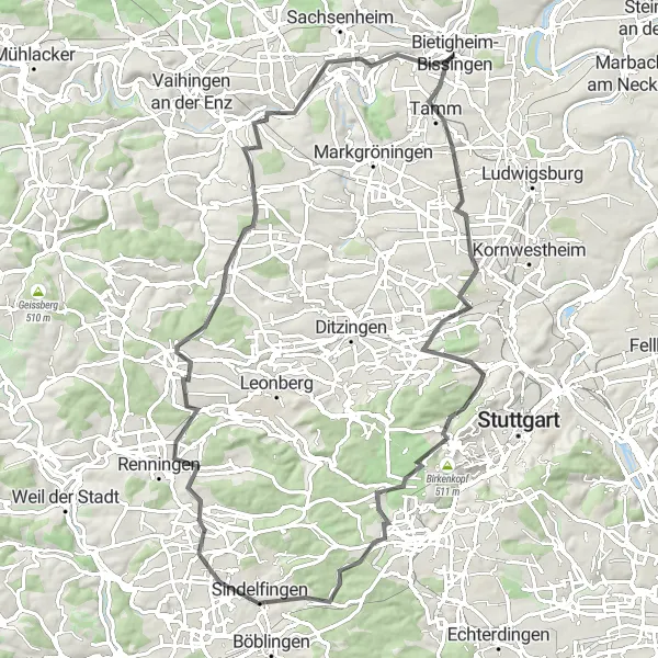 Map miniature of "The Tour of the Green Hills" cycling inspiration in Stuttgart, Germany. Generated by Tarmacs.app cycling route planner