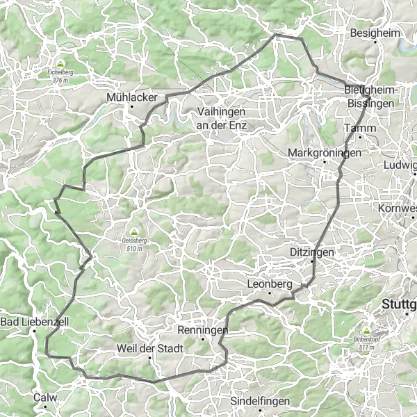 Map miniature of "Bietigheim-Bissingen to Glemsbalkon and Illingen: Road Cycling Route" cycling inspiration in Stuttgart, Germany. Generated by Tarmacs.app cycling route planner