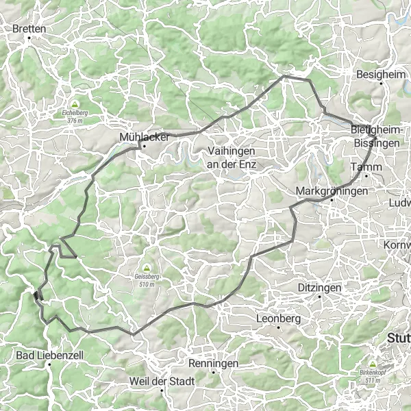 Map miniature of "Markgröningen to B​ietigheim-Bissingen Loop" cycling inspiration in Stuttgart, Germany. Generated by Tarmacs.app cycling route planner