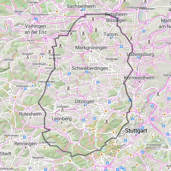 Karten-Miniaturansicht der Radinspiration "Bietigheim-Bissingen nach Gebersheim" in Stuttgart, Germany. Erstellt vom Tarmacs.app-Routenplaner für Radtouren