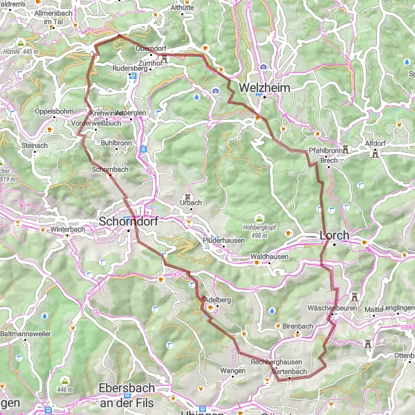 Karten-Miniaturansicht der Radinspiration "Gravel-Rundtour Rechberghausen-Lorch" in Stuttgart, Germany. Erstellt vom Tarmacs.app-Routenplaner für Radtouren